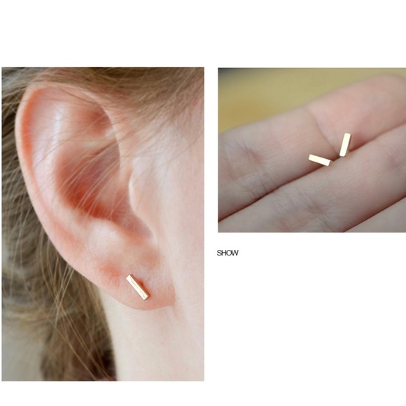 GOLD MINIMALIST Bar Stud Stainless Steel Earrings With Gift Bag - Picture 6 of 8